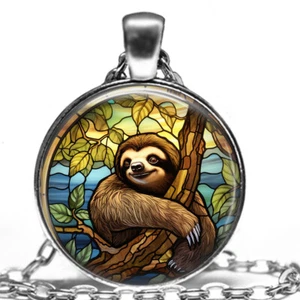 Faux Stained Glass Lazy Smiling Sloth Pendant & 24" Necklace Sloth Lover Gift - Picture 1 of 5