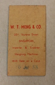 1953 Singapore weight machine card W.T. meng & Co  - Picture 1 of 2