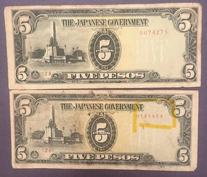 The Japanese Government 5 Five Pesos Paper Money WWII Era with AWESOME Serial# - Picture 1 of 2