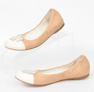 Tory Burch Carita White Natural Beach Woven Straw Leather Ballet Flat Shoes 7 M - Picture 1 of 11