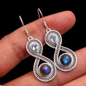 Blue Topaz Labradorite Gemstone 925 sterling Silver Jewelry dnagle Earring - Picture 1 of 4