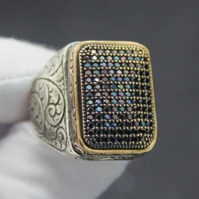 Anillo Grabado, Azul Marino Micro Circones Sólido Plata de Ley 925 Anillo Para Hombre Foto 1 de 4