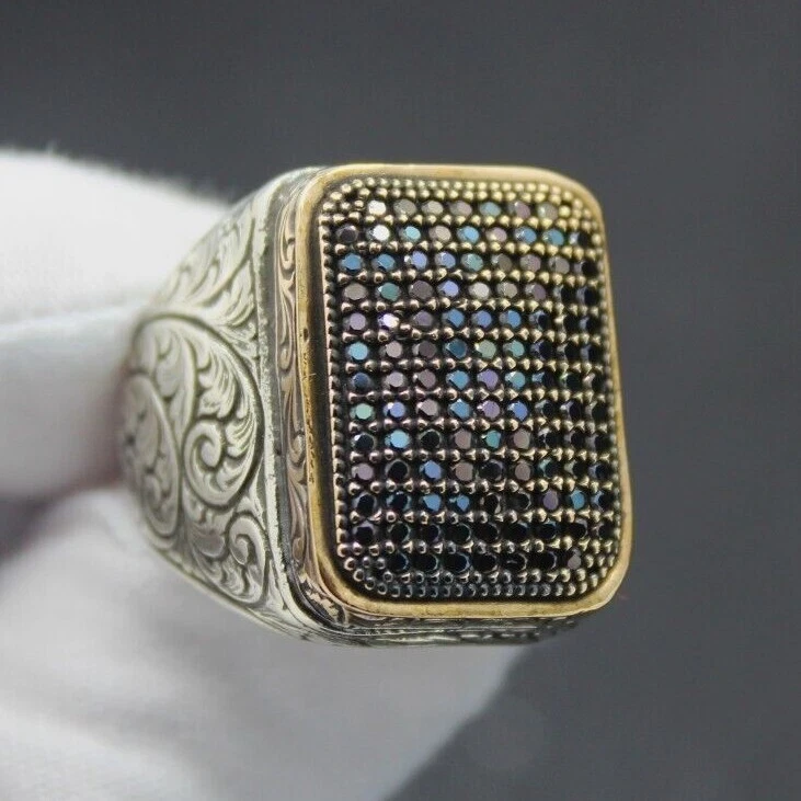 Anillo Grabado, Azul Marino Micro Circones Sólido Plata de Ley 925 Anillo Para Hombre Foto 1 de 4