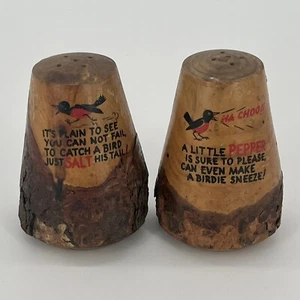 VTG 1950s Wood Salt And Pepper Shakers Bird Quotes Rhyme Carved MCM Cottagecore - Picture 1 of 10