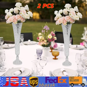 2 Pc Modern Crystal Trumpet Flower Silver Stand Crystal Vase For Wedding Decor - Picture 1 of 16