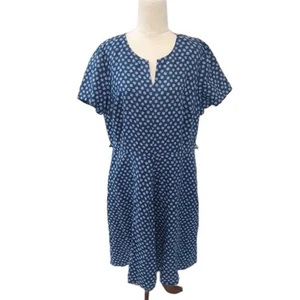 Jacqui E Size 16 Dress Blue Spotty Linen Blend Knee Length Short Sleeve - Picture 1 of 7