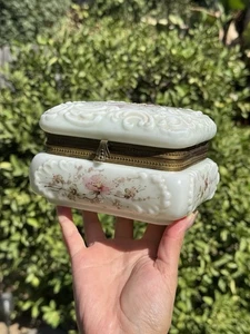 Antique Wave Crest Jewelry Casket Box Ormolu Floral Milk Glass Hand Painted 6” - Picture 1 of 11