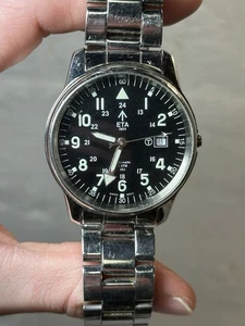 Raro De Colección ETA 07532 Acero Inoxidable Esfera Negra Reloj Piloto Automático Piezas Reparación - Imagen 1 de 13