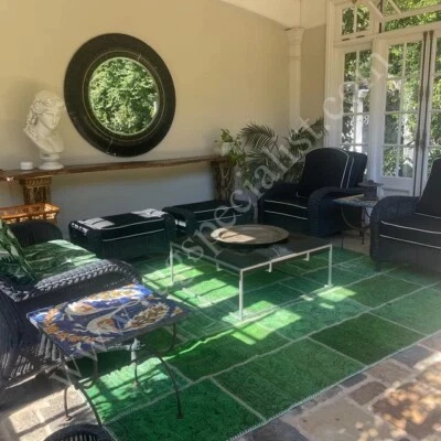 Contemporary Handmade Wool Turkish Patchwork Rug in Shades of Green - Image 1 of 4