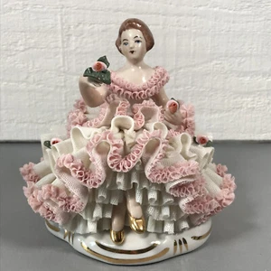 Vintage Dresden Lady Figurine Pink & White Lace Dress Germany Crown 5.5" - Picture 1 of 9