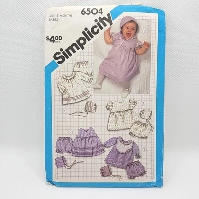 Simplicity 6504 Infant Dress Bummie Bonnet Sewing Pattern Size 6 Months Uncut - Image 1 of 4