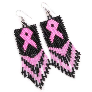 NEW BLACK PINK RIBBON BREAST CANCER AWARENESS HANDMADE BEADED EARRINGS 51/1 - Picture 1 of 1