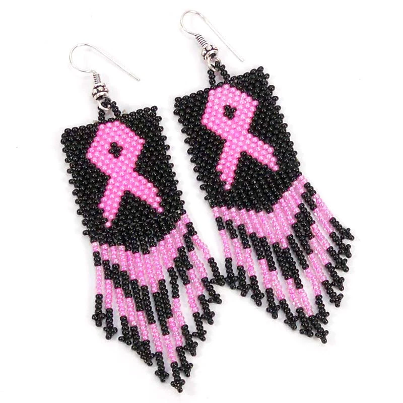 NUEVOS PENDIENTES CON CUENTAS HECHOS A MANO CINTA ROSA NEGRO CONCIENCIA CÁNCER DE MAMA 51/1 Foto 1 de 1
