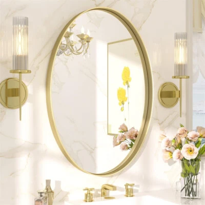 Gold Oval Bathroom Mirror Brushed Brass Framed Wall Mounted Mirrors for Vanity - Image 1 of 4