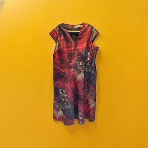 M&S Per Una Occasion Dress Size 24 Red Gold Shimmer Jacquard Fit & Flare Lined - Picture 1 of 6