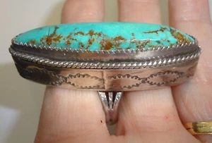 2" Long Signed Navajo Sterling Silver & Turquoise Ring (Cracked Stone) Size 5.5 - Picture 1 of 14