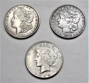 3 VINTAGE SILVER DOLLARS 1878-1921-1925 VERY FINE CONDITION ( MORGAN & PEACE ) - Picture 1 of 2