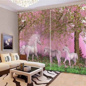 White Horse Under Tree 3D Blockout Photo Print Curtain Fabric Curtains Window - Foto 1 di 10