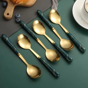 6pcs Stainless Steel Cutlery Set, European Style Marble Pattern Tableware - Picture 1 of 4