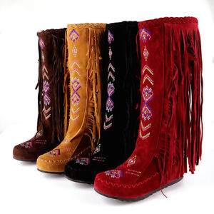 Chic Womens Bohemia Knee High Boots Tassels Fringe Floral Embriodery Shoes Boots