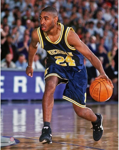 Jimmy King Michigan Wolverines Unsigned Navy Jersey Dribbling Photograph Cover