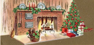UNBENUTZTE Vintage Weihnachtskarte: KAMIN MIT WEIHNACHTSBAUM m. Umschlag - Bild 1 von 3