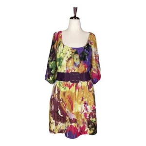 Oleg Cassini Multicolor Belted Puff Sleeve Dress Size: 14 - Picture 1 of 4