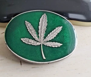 1970's Vintage Marijuana Weed Pot Leaf Belt Buckle Enamel and Steel in Silver - Picture 1 of 8