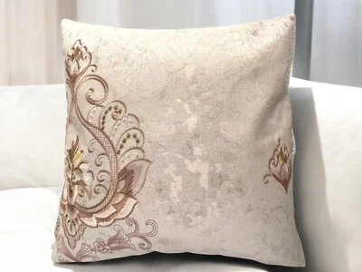 BROWN Beige Floral Rose Embroidered Cushion Cover Jacquard 18x18" Hidden Zip - Image 1 of 4