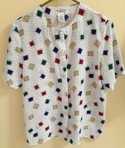 Blusa vintage Talbots Dottie cuadrados oculta con botones blanca talla 4 - Imagen 1 de 3
