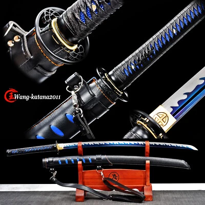 Azul T10 Acero Katana Cuero Saya+ Correas para el Hombro Samurai Japonés Espada Afilada Foto 1 de 4