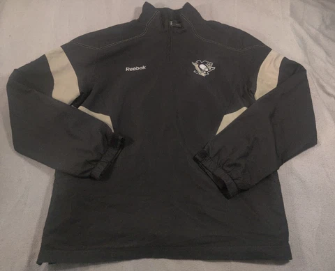 Pittsburgh Penguins Mens Jacket Black Medium Logo Patch Spellout Sweater Reebok Cover