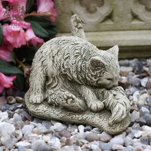 Washing Cat Stone Statue | Kitten Animal Outdoor Garden Ornament Decor - Picture 1 of 6