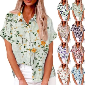 Women's Fashion Loose Casual Short Sleeve Lapel Button Down Shirt Printed - Picture 1 of 36