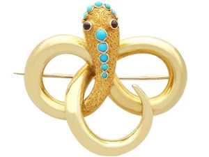 Antique 0.37Ct Turquoise and Garnet 14k Yellow Gold Snake Brooch - Picture 1 of 9