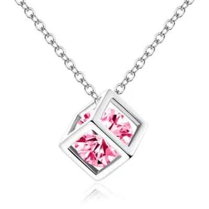 Pink Zirconia Necklace - Cube Charm Women's Necklace - Birthstones Jewelry New - Picture 1 of 1