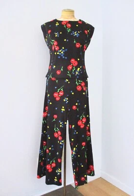 Винтажный 70-х годов моды черный красный цветочный поли трикотажа 2-Pc большой колокол низ брюки костюм верхний M - Изображение 1 из 4