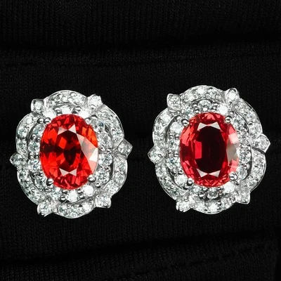 Sunset Orange Sapphire Oval 7.02Ct 925 Sterling Silver Handmade Stud Earrings - Image 1 of 4