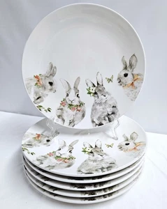 6 Minty Pier 1 Bunny Pals Speiseteller 10 1/2" Teller Set Ostern Hase Blumen - Bild 1 von 4