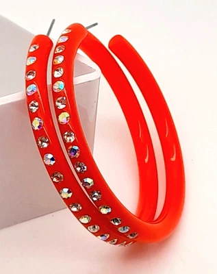 BOHO 1.75INCH THIN RED PLASTIC HOOP WITH CLEAR & AB RHINESTONE FASHION EARRINGS - Image 1 of 4
