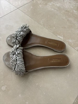 Sandalias planas Aquazzurra gris plata talla 37 flecos gamuza ribete toboganes zapatos Foto 1 de 3