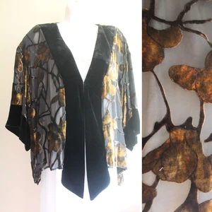 CCC Duster Womens L Gold Sepia Floral Devore Silk Velvet Semi Sheer Whimsigoth - Picture 1 of 7