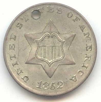 1852 Three Cent Silver, 3c, Lustrous and Original AU-Unc, Hole - Image 1 of 2