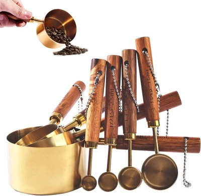 Juego de vasos y cucharas medidoras de metal con mango de madera de acacia 8 piezas cocina dorado Foto 1 de 4