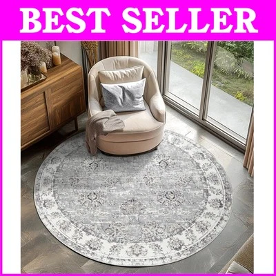 Elegant 6' Round Machine Washable Floral Rug - Perfect for Living & Dining - Image 1 of 4