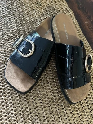 Django & Juliette Black Nabeela Patent  Slides Gold Buckle Sz 39 8 - image 1 of 4