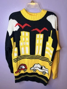 Suéter Vintage Answers by Riddlers Inc Mediano Paisaje Urbano Coches Tejido Retro Años 80  - Imagen 1 de 6