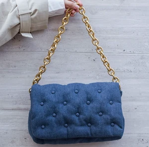 Blue Quilted Polka Dot Denim Bag With Gold Chain Strap & Magnetic Closure - Picture 1 of 11
