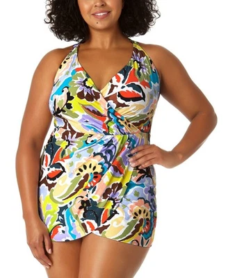 Anne Cole Women's Plus Size Printed Crisscross Surplice Swimdress, Size 22W - Image 1 of 2