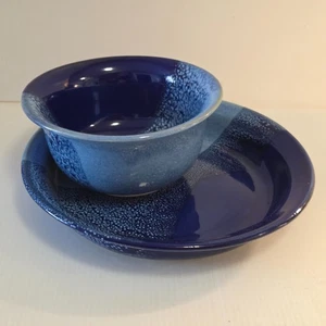 Tazón de cereal azul de dos tonos de gres moteado de cerámica Studio Art y plato de 9" - Imagen 1 de 9